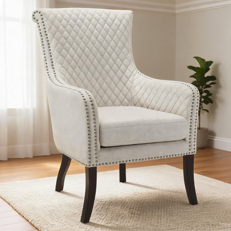 Fauteuil d'appoint matelassé classique beige doux avec siège clouté et structure en bois massif, 1, Blanc