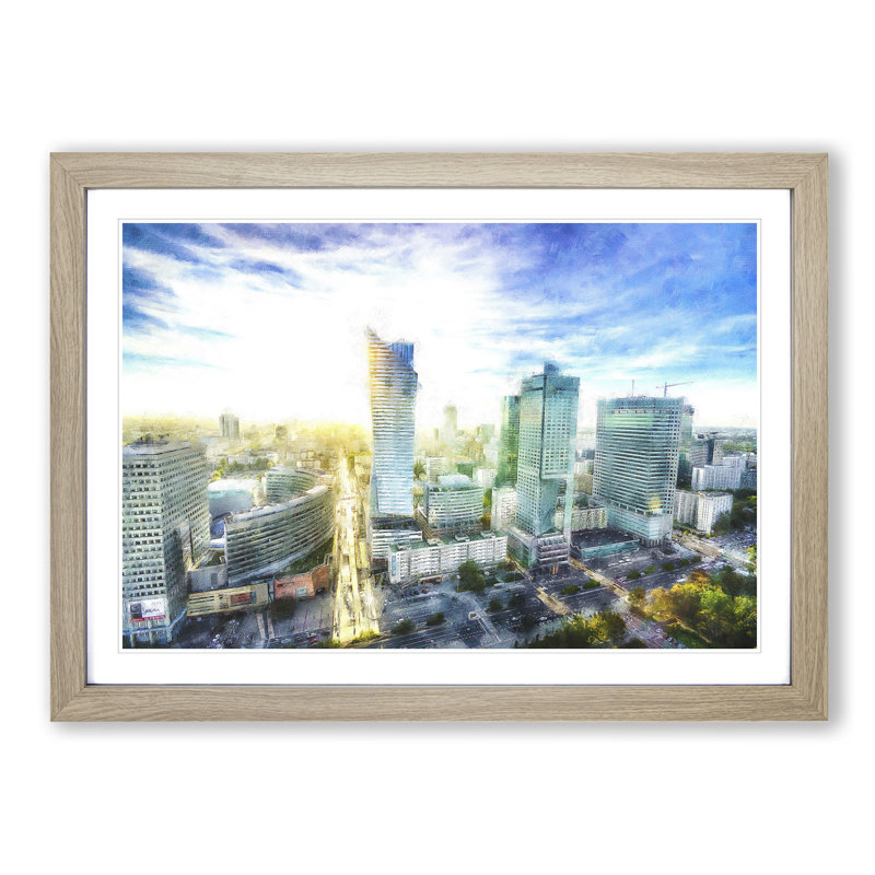 Skyline of Warsaw in Poland - Picture Frame Painting Print, 24cm H x 33cm W x 2cm D, Oak Framed