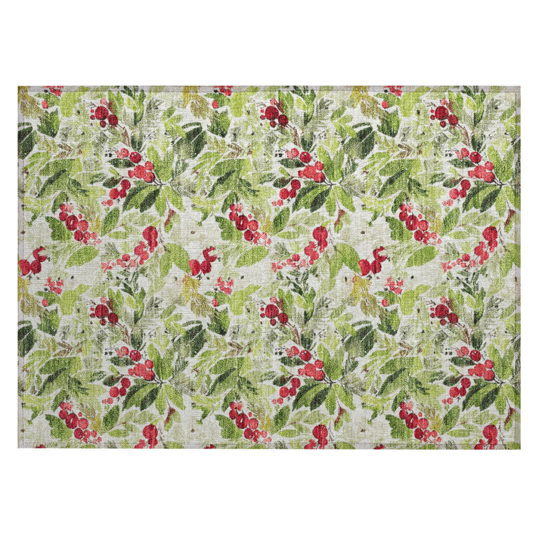 Machine Washable Indoor/Outdoor Christmas Cherries Xhevrie Aloe Rug