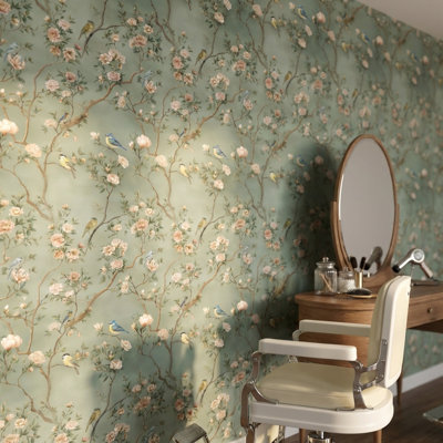 Floral Wallpaper Birds Vintage Removable Wall Decor