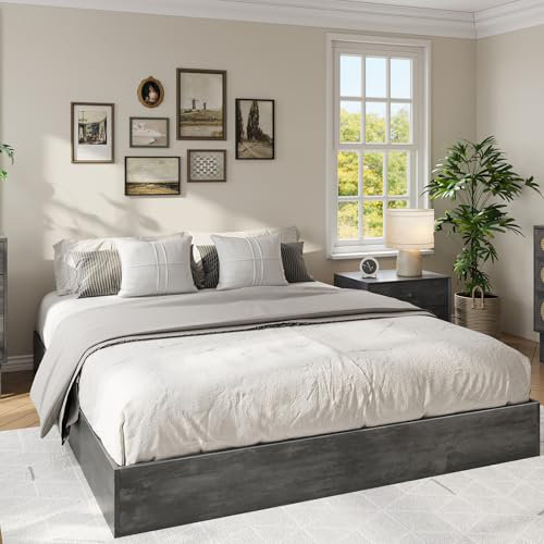 Lit plateforme en bois massif avec lattes de bois robustes, base de lit autoportante, Très grand lit, Gris anthracite / gris