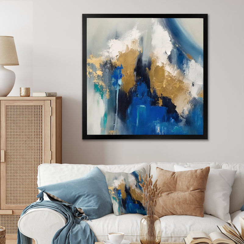 Ethereal sachant bleu royal et or - peinture abstraite, art mural, salon, H 24 po x l 24 po x P 1 po, Cadre photo noir