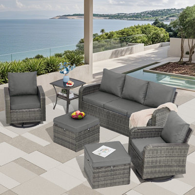 6 Pieces Wicker Patio Furniture Sets, Outdoor Conversation Set PE Rattan Sectional Sofa Couch With Swivel Chairs Ideal For Indoor Porch Deck Bistro La by Winston Porter