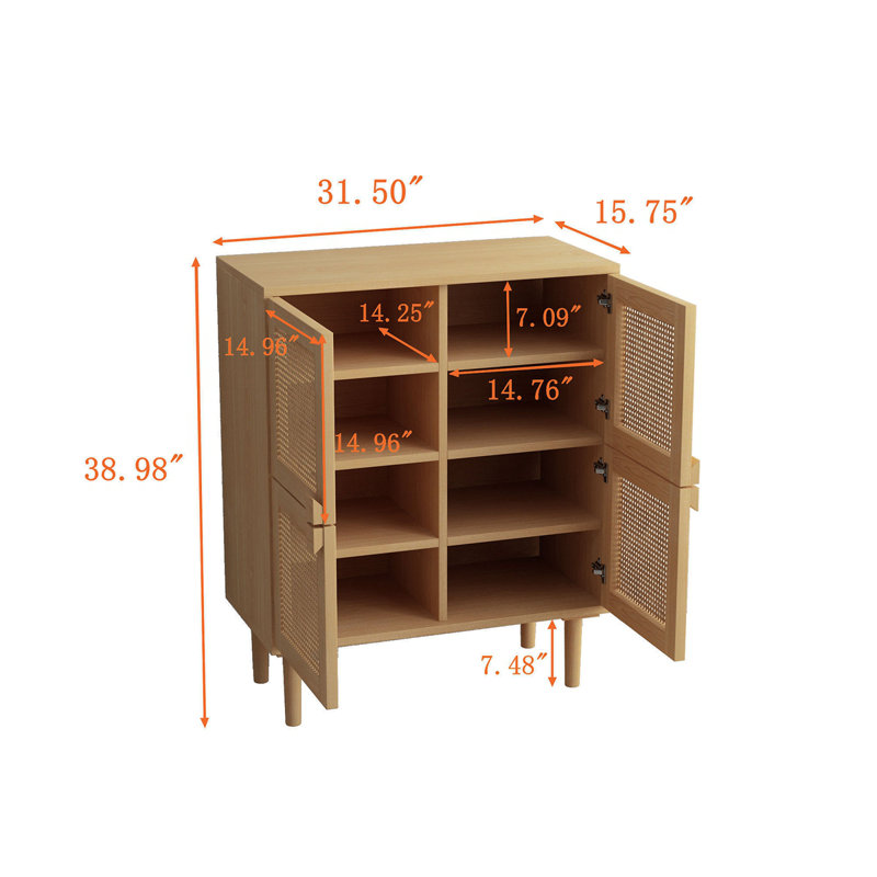 4-Doors Rattan Mesh Storage Cabinet, Sideboard With Eight Storage Spaces, For Entryway, Living Room, Hallway (Natural)