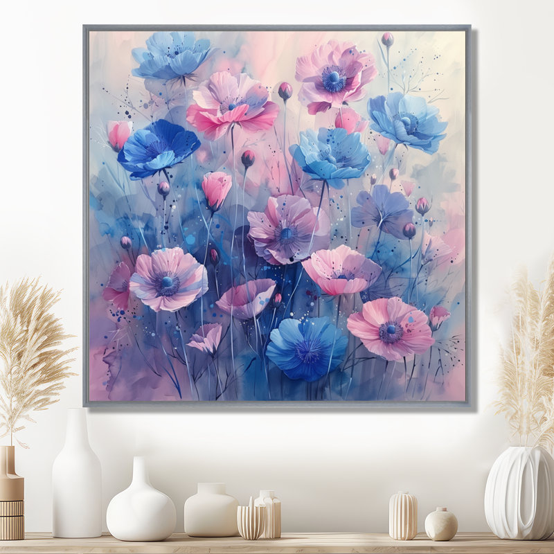 Décoration murale bleues et bleues Garden Of Dreams II - Bleuet, Cadre flottant argent, H 16 po x l 16 po