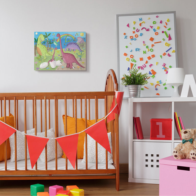 Illustration de dinosaures heureux jouant par arc-en-ciel, H 16 po x l 20 po x P 1,5 po, Toile tendue
