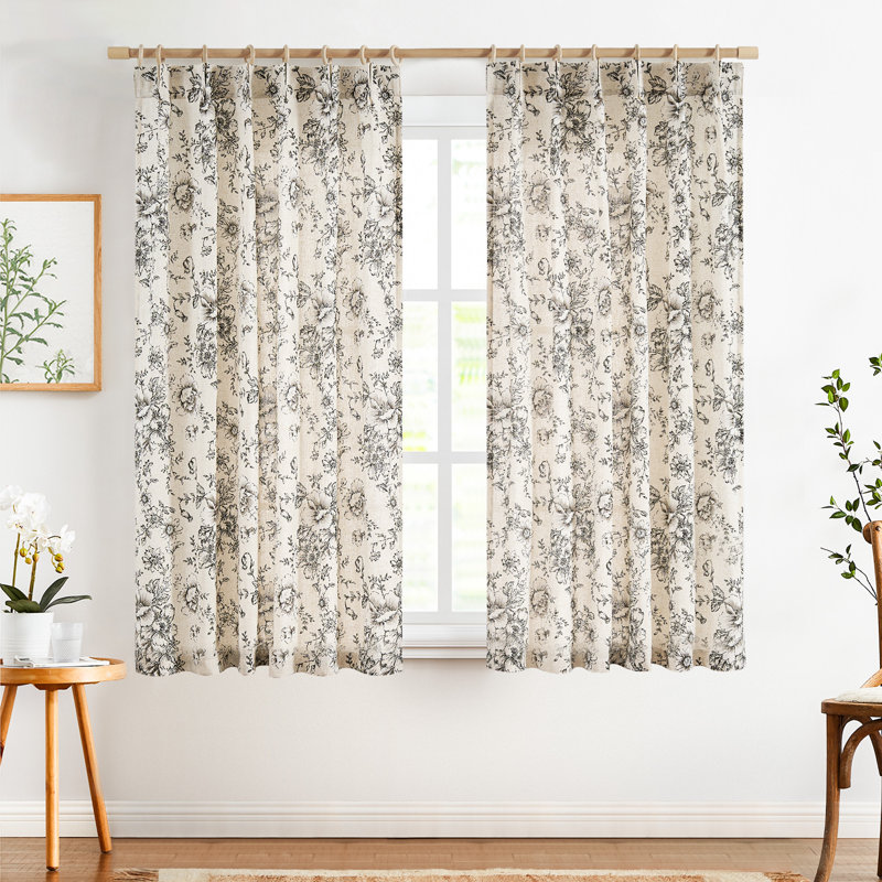 Linen Blend Pinch Floral Curtains with Hooks Curtain Pair, 40" W x 63" L, Pleated Black