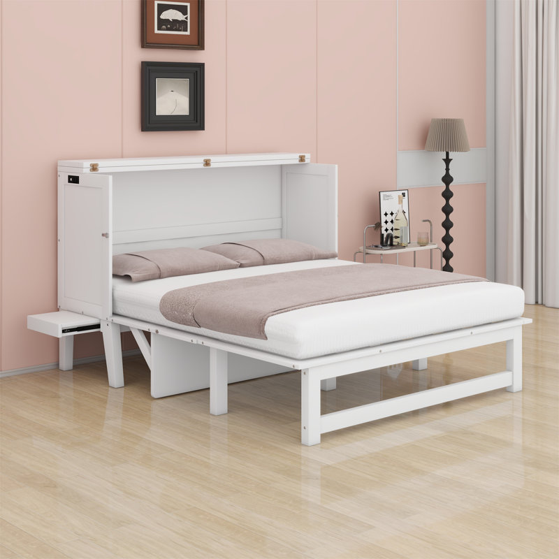 Armoire lit escamotable blanc avec station de charge et tablettes latérales, cadre de lit mural peu encombrant, Blanc, Grand