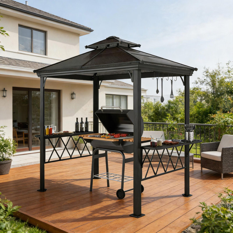 Spacious Outdoor Pergola Canopy With Double-Tiered Roof For BBQ And Poolside Use, Offering UV Protection And Ample Storage