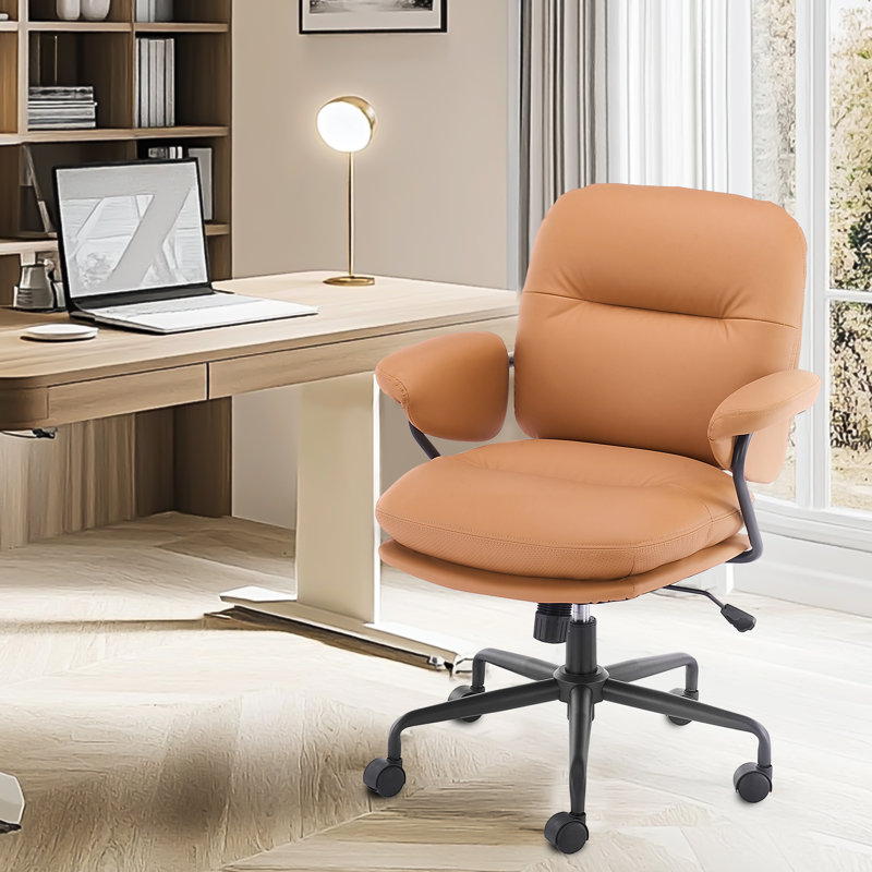 Hickson Swivel Tilting Faux leather Upholstered office chair with Lumbar Support, Camel