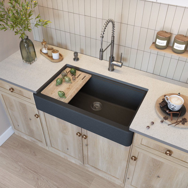 36" Granite Short-Apron Single-Bowl Farmhouse Kitchen Sink In Black Matte, Matte Black