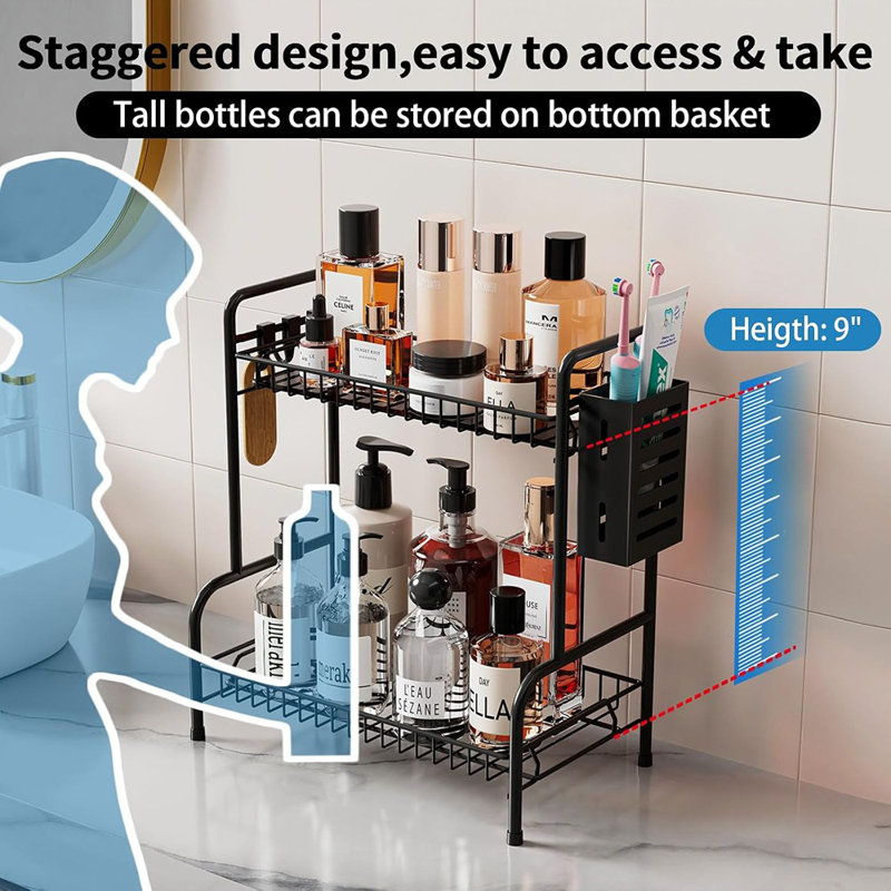 Organisateur de comptoir de salle de bain avec panier à articles de toilette, support de rangement pour comptoir de salle de bain à 2 niveaux avec repose-pieds réglable, support pour meuble-lavabo sans vis, fil métallique robuste noir, moyen l 12,8 po