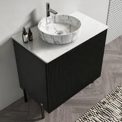 Meuble-lavabo autoportant avec rangement pour grande salle de bain moderne avec lavabo une pièce Carrara sans drain ni robinet, KD