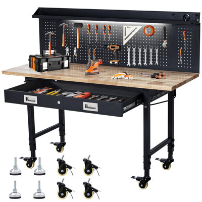 48" L X 24" W Workbench Adjustable Heavy-Duty 2200 Lbs Capacity Rubber Wood Top, Rolling Work Benches for Garage, Workshop