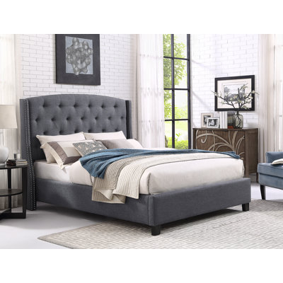 Luxurious Queen Wingback Tufted Upholstered Bed With Nailhead Trim, Offering Elegance And Comfort For A Dreamy Bedroom Retreat.