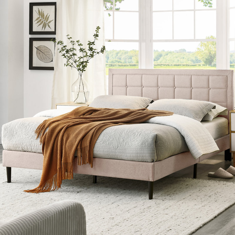 Transitional Linen Queen Upholstered Platform Bed with Tufted Headboard