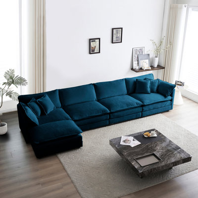 En forme de U: Canapé modulaire convertible 5 places en chenille bleue pour la maison: avec, confortable et élégant