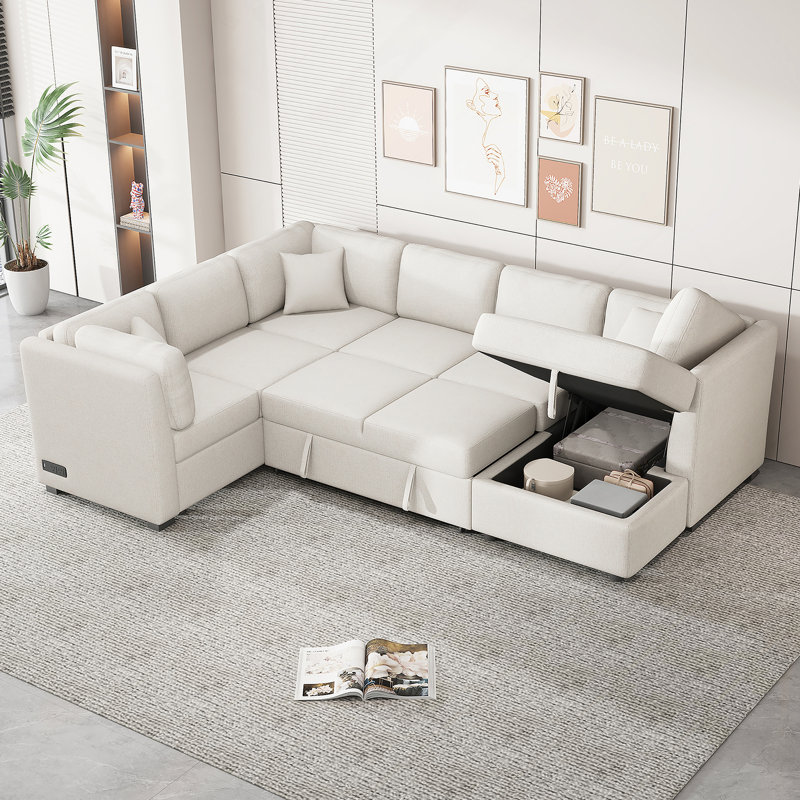 Canapé-lit modulaire en U de 108,6 po avec deux ports USB, deux prises de courant, trois coussins de dossier et une chaise de rangement