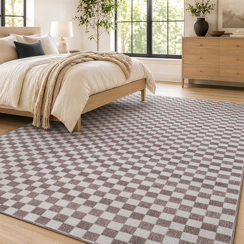 Tapis d'intérieur antidérapant, lavable à la machine, à damier miniature, couleur noyer., Brun, 7'10" x 10'