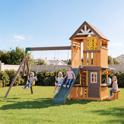 Balançoires en bois pour la cour - Ensemble de jeu extérieur avec glissade à vagues de 7 pi, 3 balançoires, cuisine de jeu, télescope jouet, volant, tic-tac-toe, balcons, ensemble de terrain de jeu extérieur pour la cour