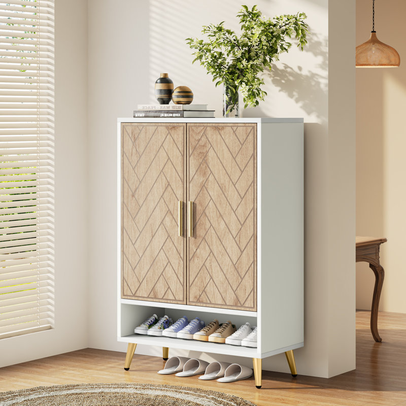 24 Pair Shoe Storage Cabinet, White/Light Brown