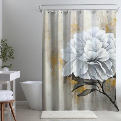 Rustic White Peony Floral – Polyester Shower Curtain, Dye Sublimation Print, 71" W × 74" L