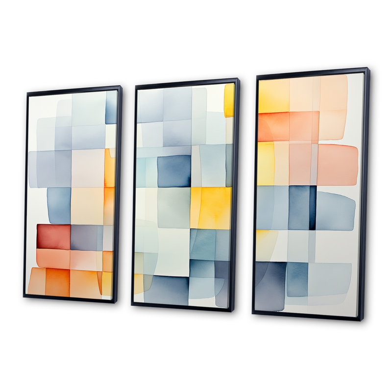 Motif de cubes multicolores V - art mural géométrique, H 28 po x l 36 po x P 1 po, Cadre flottant noir