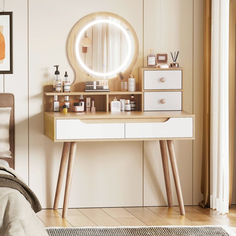 Fashionable Vanity With 4 Drawers And 3 Color Modes For Bedroom Dressing Table Solid Wooden Frame Lighting