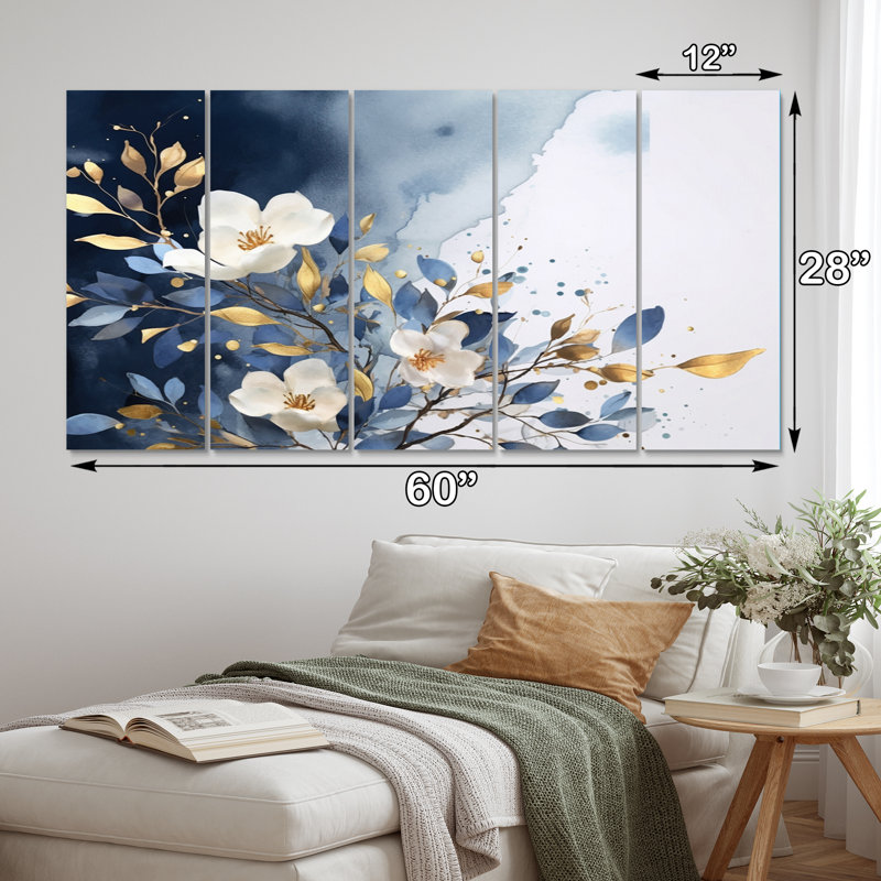 White Blue Lilac Blooms 5 metal Wall Decor Set 