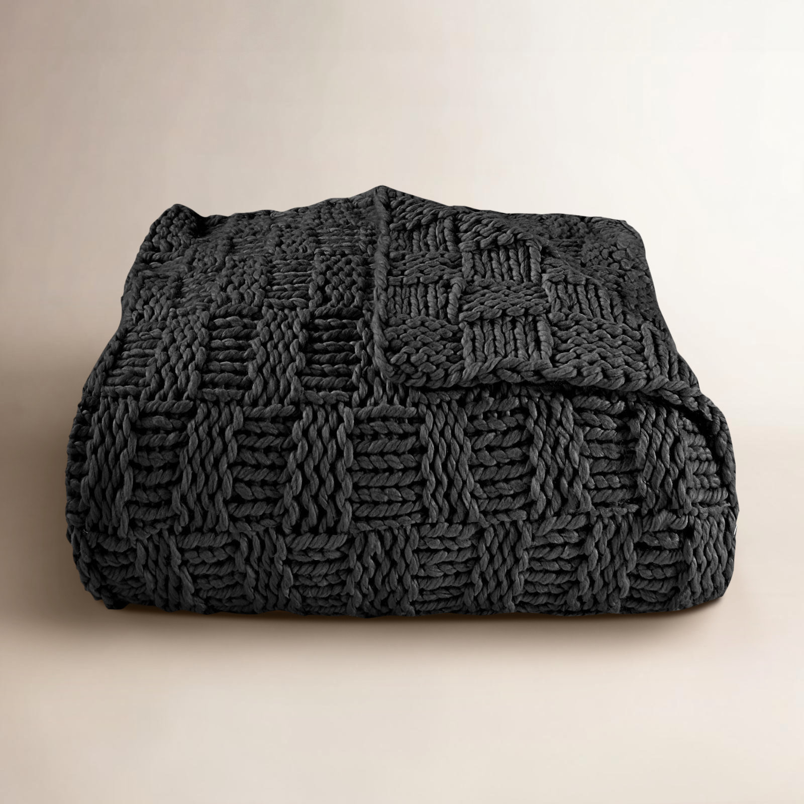 Hand-Knitted Wool Throw Blanket, Black, 60" L x 50" W
