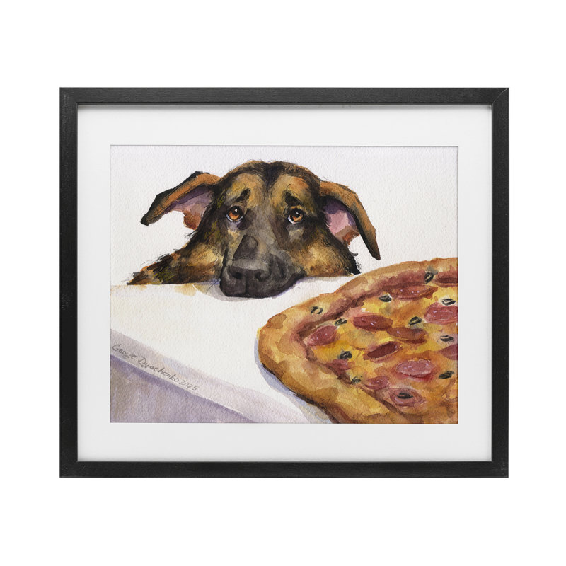 Berger allemand avec pizza, reproduction sous verre, conception de George Dyachenko, H 13 po x l 16 po, Cadre noir minuit