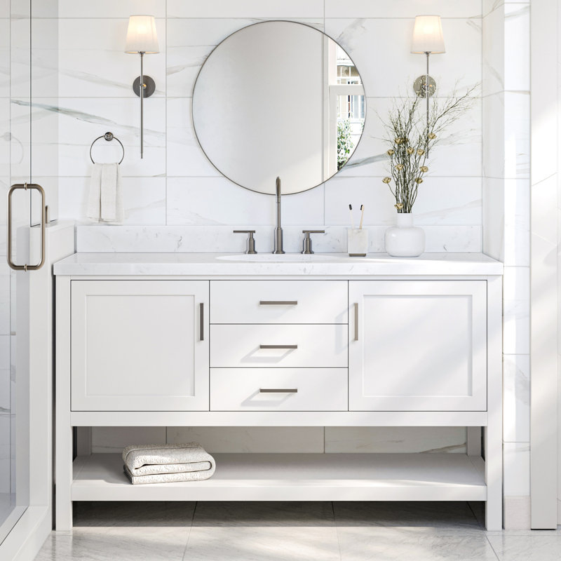 Meuble-lavabo sur pied simple 60 po avec plateau en quartz Abby, Blanc