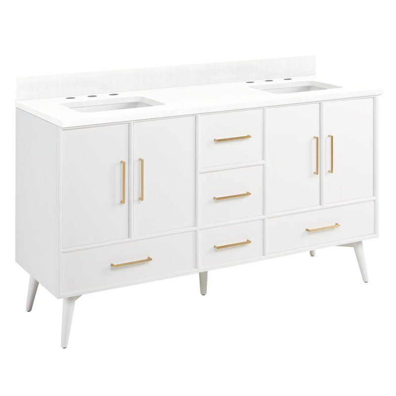 60" Novak Double Bathroom Vanity Set with Rectangular Undermount Sinks, White, Feathered White Quartz, 8" Widespread