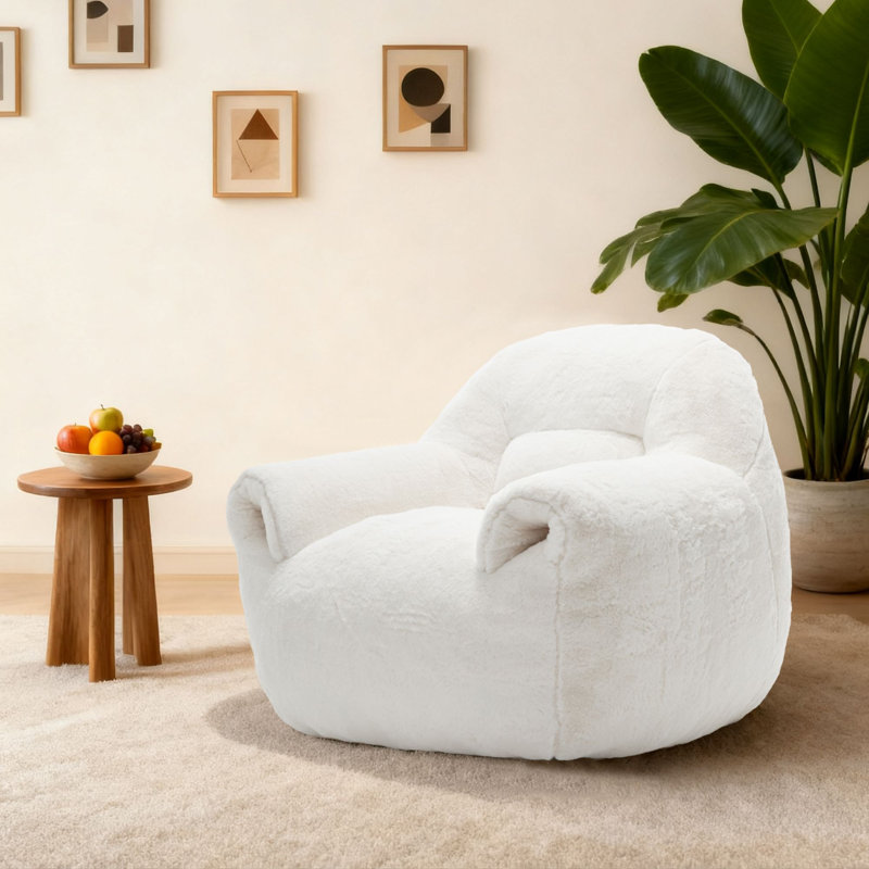 Comfy Compressed Pre-Filled Bean Bag Chair Arm Chair, High Density Shredded Foam Filling with Faux Fur Cover, White Faux Fur
