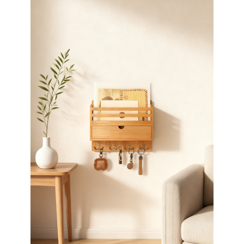 Porte-courrier mural et porte-clés avec tiroir de rangement, organisateur de hall d'entrée en bois avec 7 crochets pour clés, courrier et petits objets, décoration élégante pour la maison et le bureau
