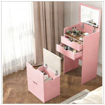 Dressing Table and Stool, 3-in-1 Multifunctional Set with Three-color Lighting Modes, HD Mirror, Two Sliding Drawers, and Hidden Storage Stool.