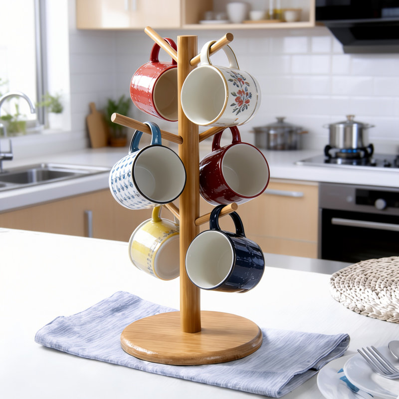 6-hook Bamboo Mug Tree  Coffee Cup Multifunctional Storage Rack 