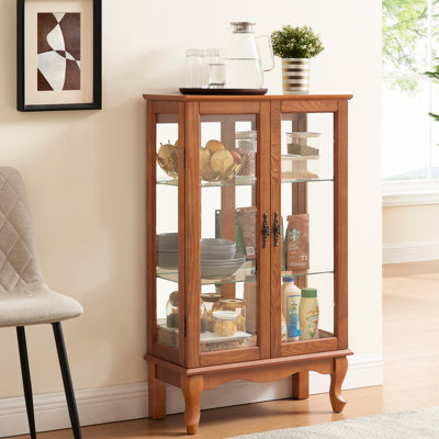 Tempered Glass Curio Cabinet With Mirrored Back - Adjustable Shelves, Included Oak For Home Decorating And Shelves Doors, Lighted Display
