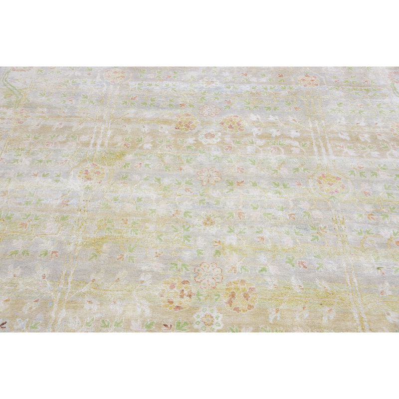 Tapis oriental gris / beige en soie / laine noué à la main, Rectangle 8 pi x 10 pi