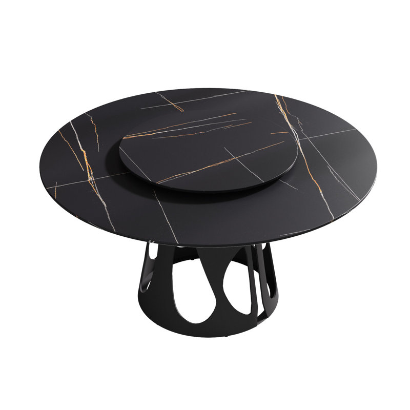 Table ronde moderne noire, surface en pierre frittée de 59,99 po pour 6 à 8 personnes, base en fer, disque rotatif de 31,5 po, plateau de salle à manger design, plateau tournant de base, pour chauffer et décolorer