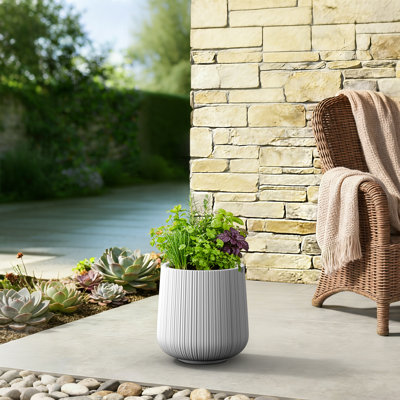 12 in. Medium Pearl White(Upgraded Interior) Concrete Tall Round Planter Pot Modern Fluted Plant Pot with Drainage Holes