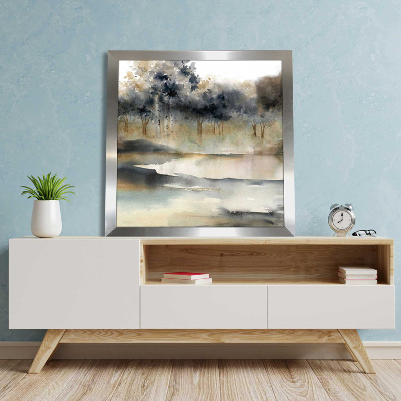Serene River par Carol Robinson - Peinture, L 37,5 po x H 37,5 po, Encadrement argenté