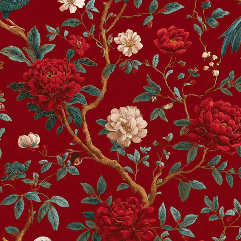 Papier peint à motif floral rouge oriental