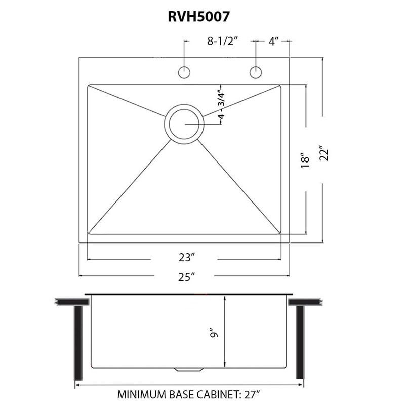 Ruvati 25 inch Stainless Steel Drop-in Topmount Kitchen Sink Single Bowl, Matte Black