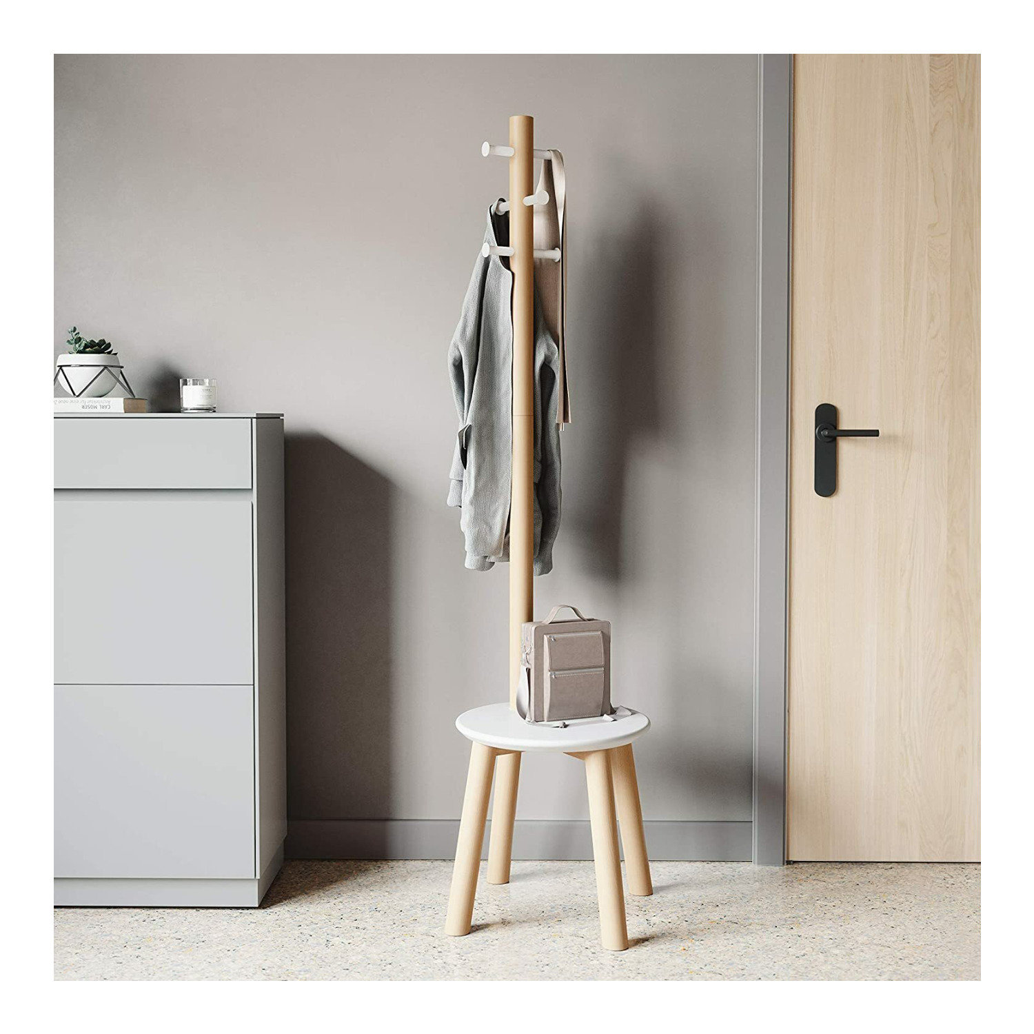 6-Hook Freestanding Coat Rack, White/Natural