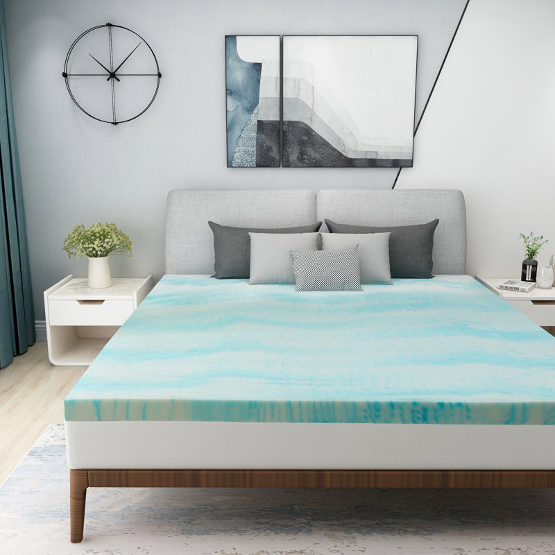 Szymanski 3" Gel Memory Foam Mattress Topper, Blue/White, Extra-long Twin