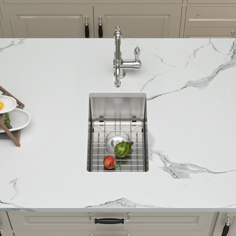Undermount Kitchen Bar Sink 16 Gauge  Sink with Bottom Grid, 10"L x 18"W, Brushed Nickel