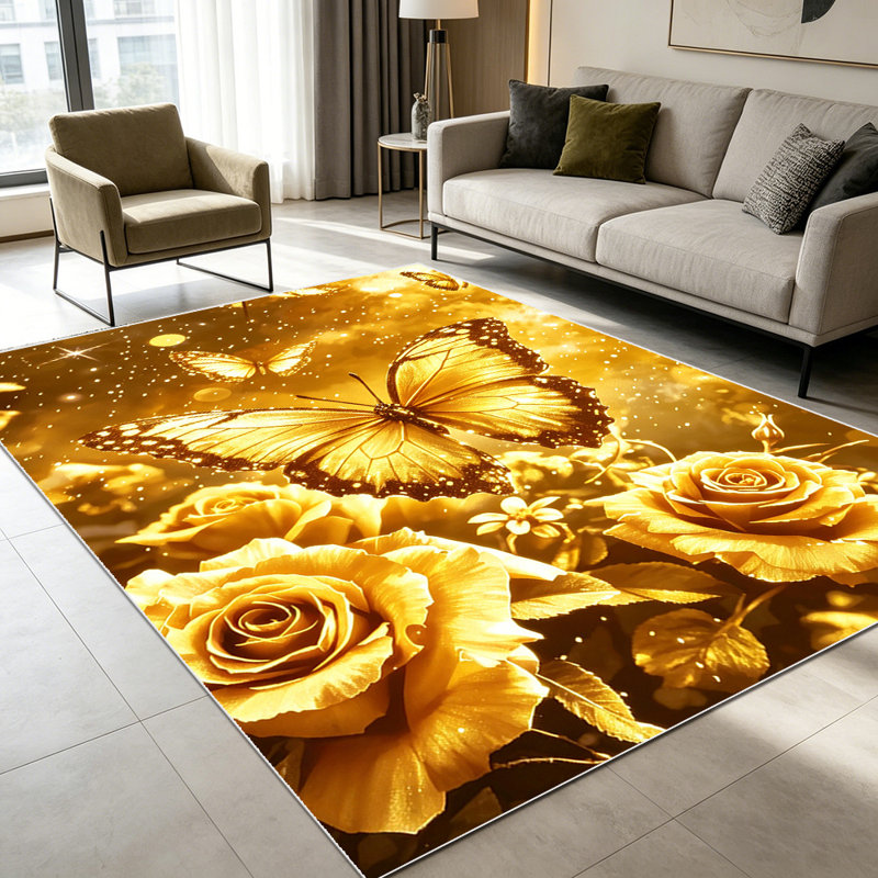 1PC Luxury Sparkling Golden Rose Butterfly area rugs for Living Room, Soft, All seasons, Easy-maintain, Washable Indoor mat, Farmhouse suitable for dining table, entryway, bedroom, kitchen, hallway, patio, Home Decor, Outdoor Decor.
