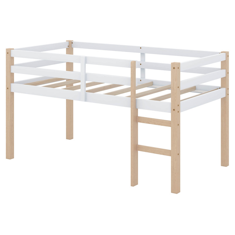 Twin Size Low Loft Bed For Kids, Solid Wooden Low Loft Bed Frame With Ladder And Guardrail For Small Room & Low Ceiling Bedrrom