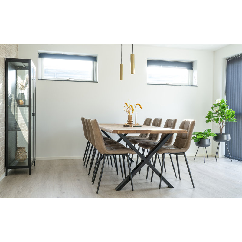 Elsass Oak Solid Wood Top Metal Base Dining Table, Light Brown
